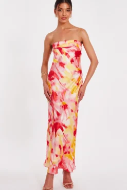 Quiz Day At The Races|Christening Guest>Pink Satin Floral Smudge Maxi Dress