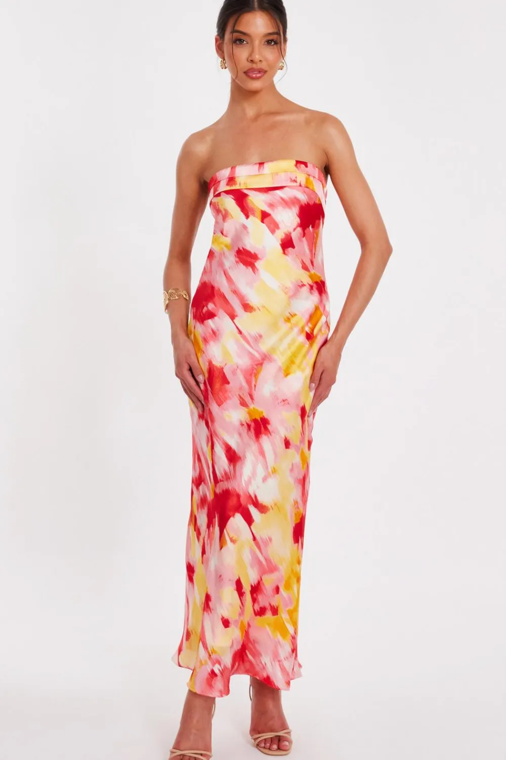 Quiz Day At The Races|Christening Guest>Pink Satin Floral Smudge Maxi Dress