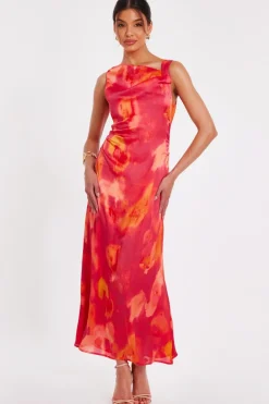 Quiz Christening Guest|Summer Clothes>Pink Satin Marble Midaxi Dress