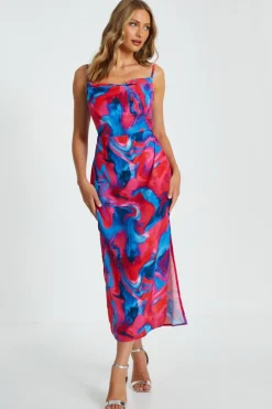 Quiz Holiday|Wedding Guest Dresses>Pink Satin Marble Print Dress