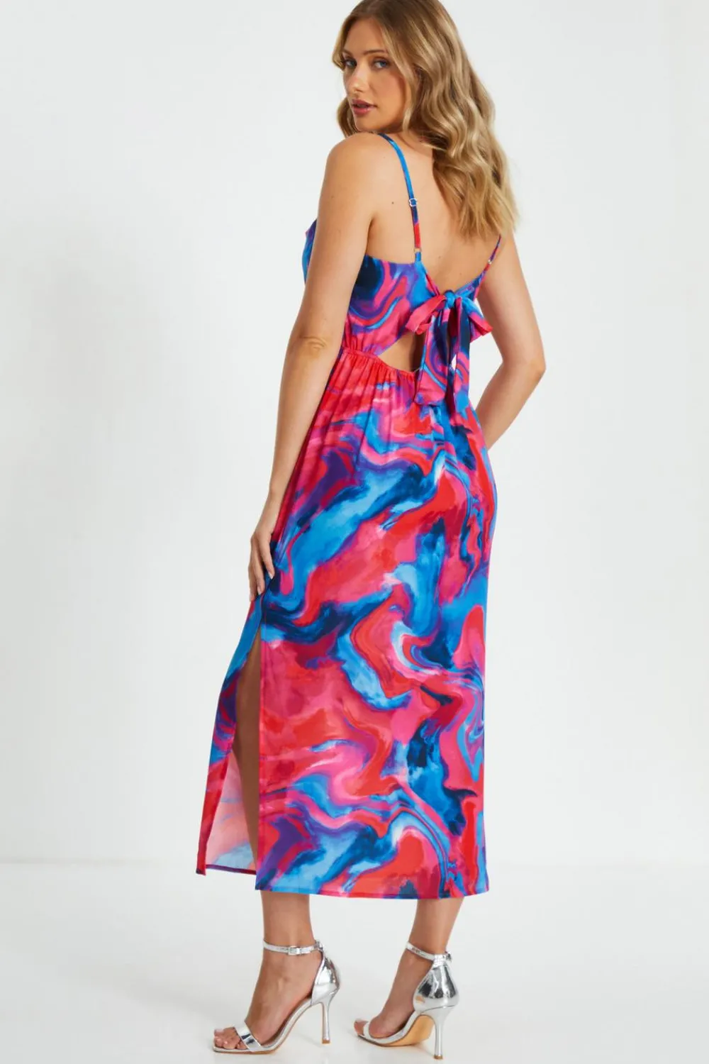 Quiz Holiday|Wedding Guest Dresses>Pink Satin Marble Print Dress