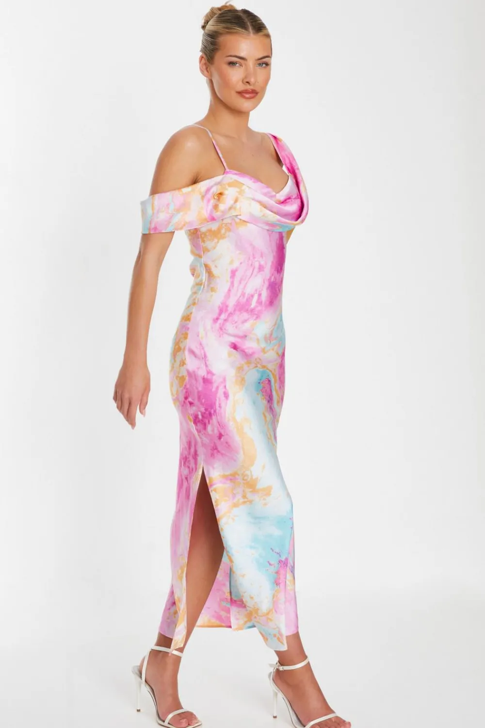 Quiz Holiday|Wedding Guest Dresses>Pink Satin Marble Print Midaxi Dress