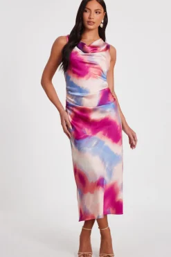 Quiz Day At The Races|Christening Guest>Pink Satin Tie Dye Midi Dress