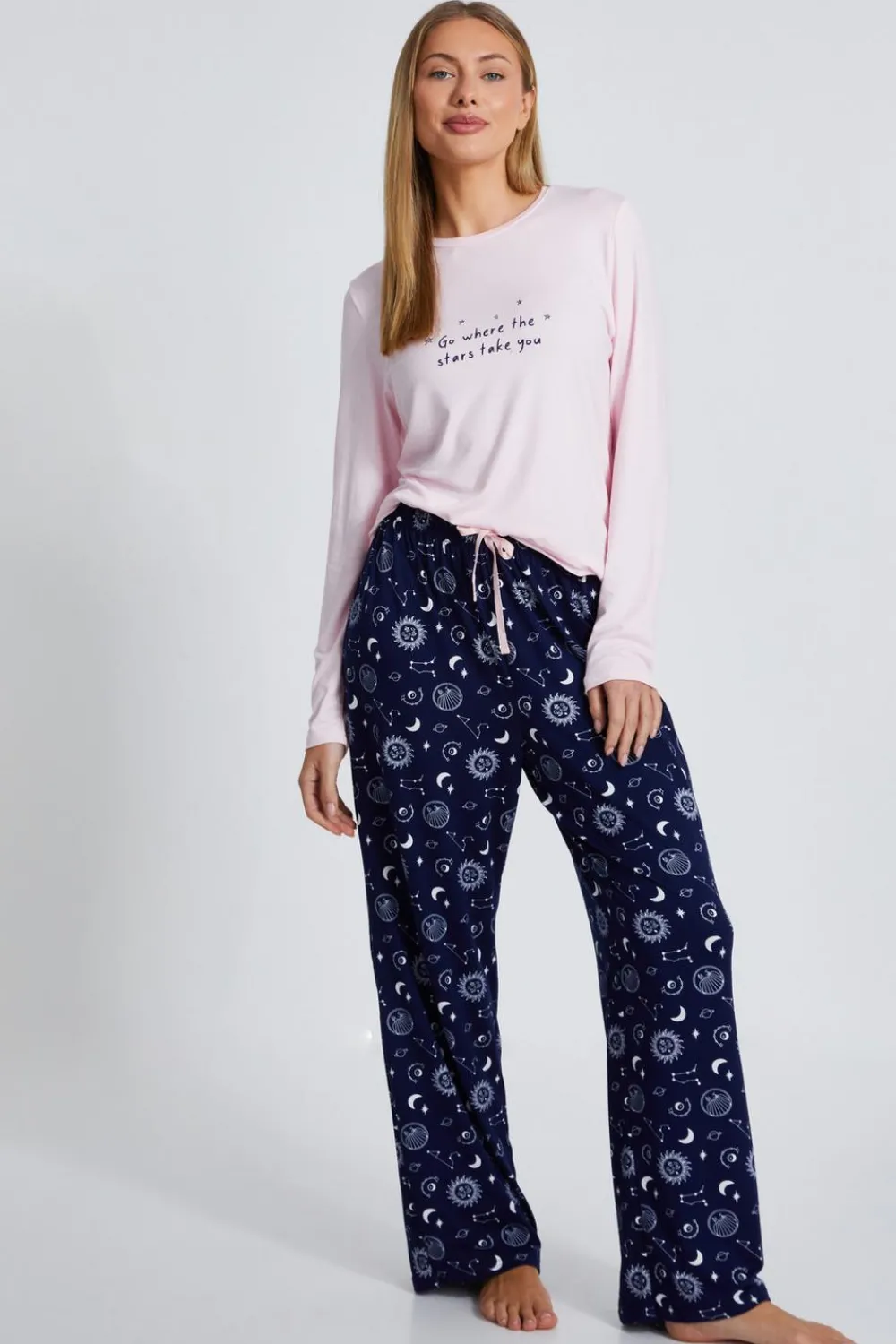 Quiz Nightwear>Pink Star Print Long Pyjama Set