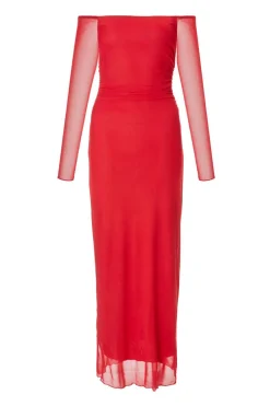 Quiz Trending: Red|Going Out>Red Bardot Mesh Midaxi Dress