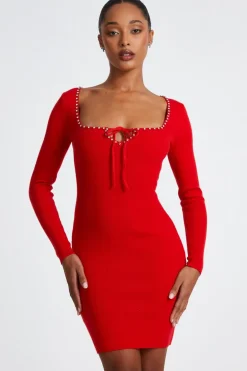 Quiz Trending: Red|Knitwear>Red Diamante Trim Jumper Dress
