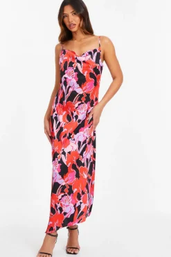 Quiz Holiday|Wedding Guest Dresses>Red Floral Satin Midaxi Dress