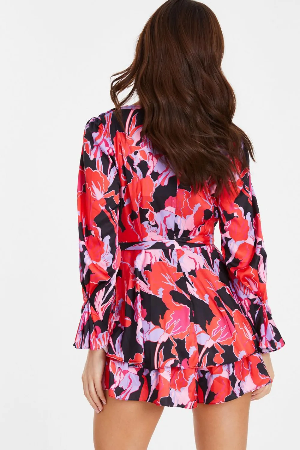 Quiz Playsuits|Trending: Red>Red Floral Satin Wrap Playsuit