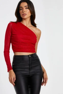 Quiz Going Out Tops|Day Tops>Red Glitter Mesh Crop Top
