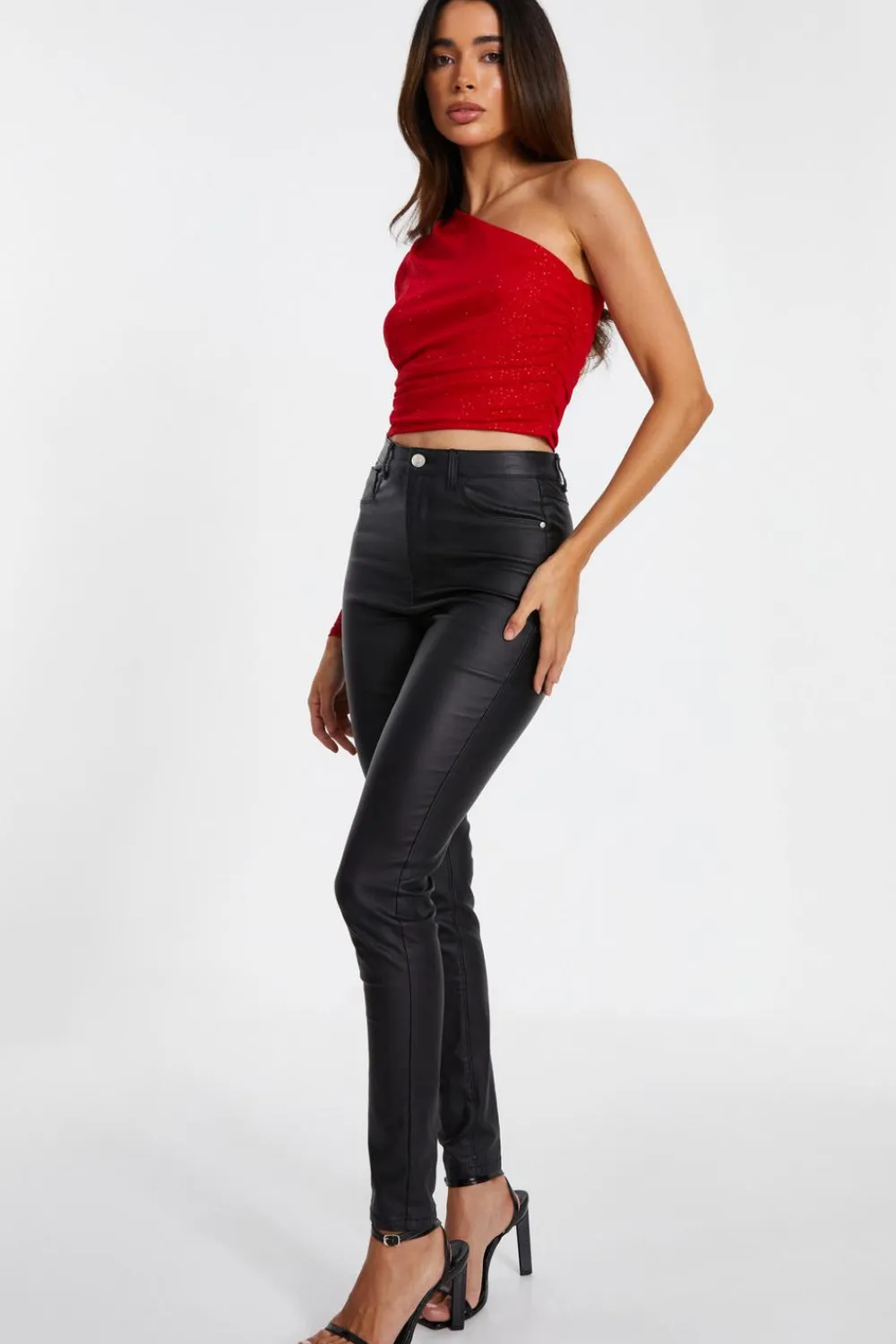 Quiz Going Out Tops|Day Tops>Red Glitter Mesh Crop Top