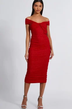 Quiz Trending: Red|Red Dresses>Red Glitter Mesh Midi Dress