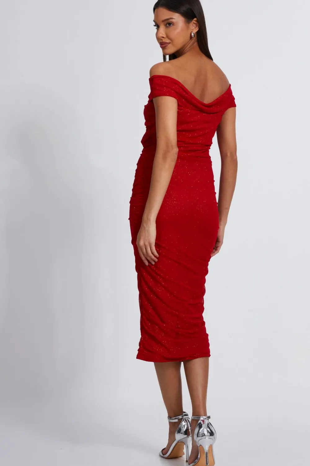Quiz Trending: Red|Red Dresses>Red Glitter Mesh Midi Dress