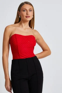 Quiz Going Out Tops|Bodysuits>Red Mesh Embellished Bodysuit