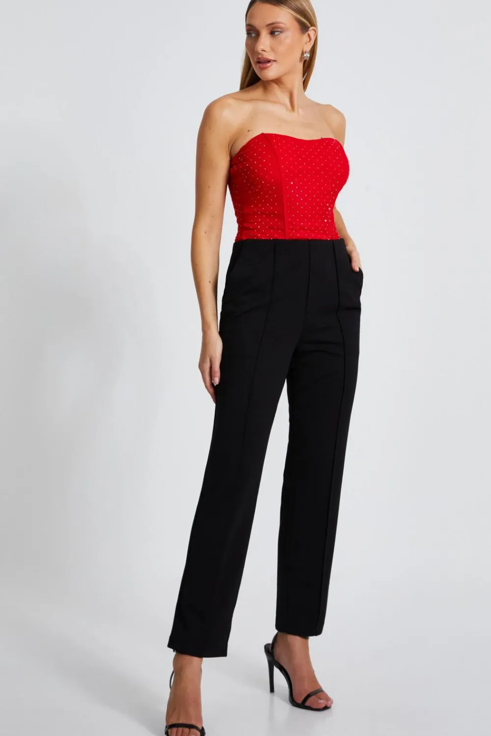 Quiz Going Out Tops|Bodysuits>Red Mesh Embellished Bodysuit