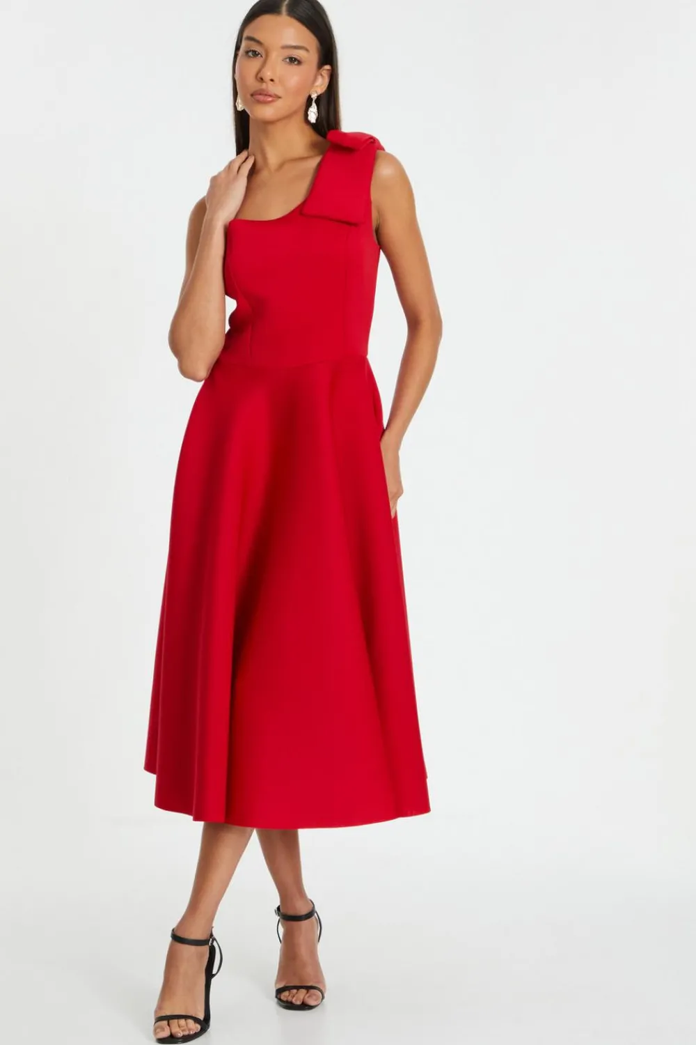Quiz Prom & Ball|Evening Dresses>Red One Shoulder Bow Skater Midi Dress