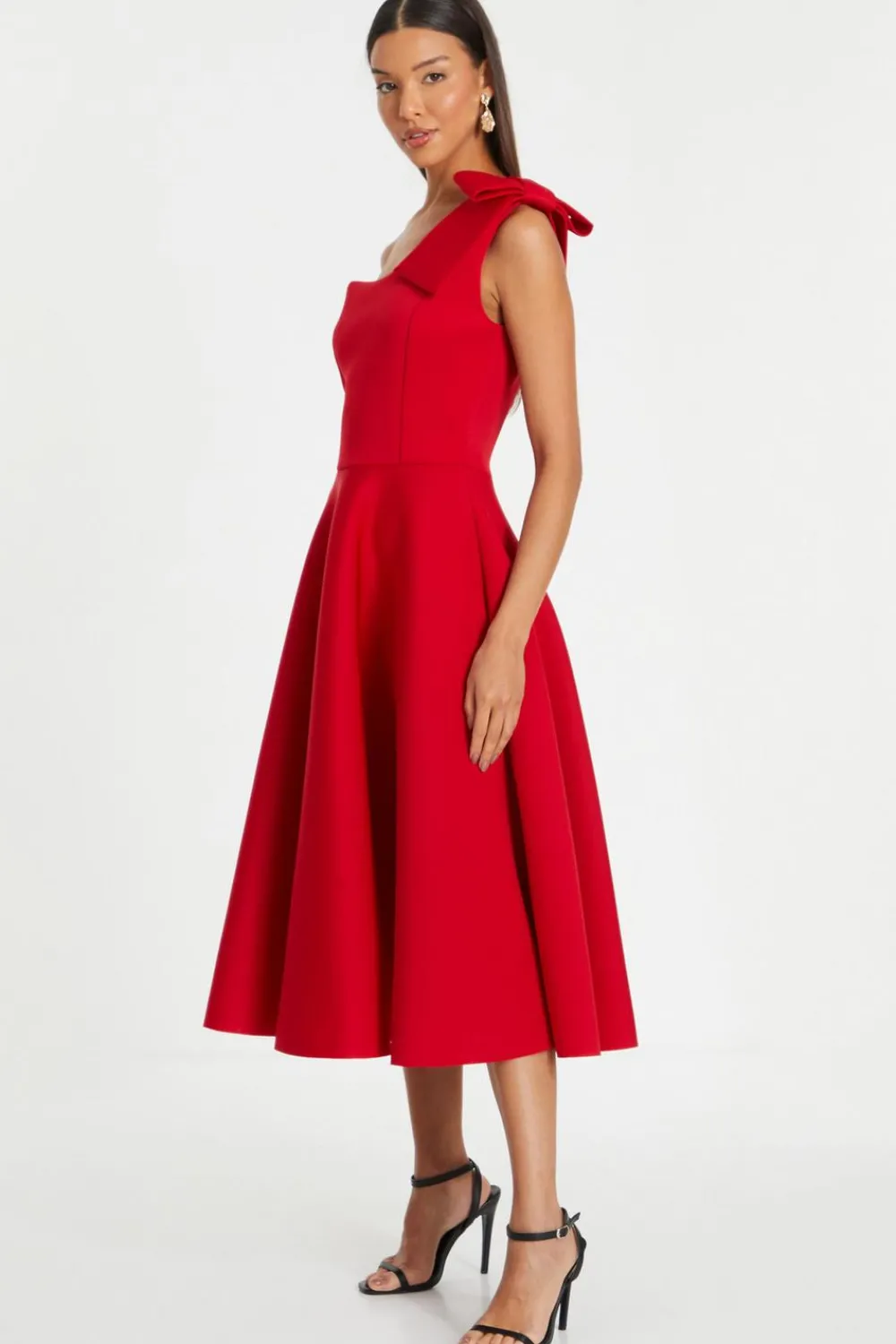 Quiz Prom & Ball|Evening Dresses>Red One Shoulder Bow Skater Midi Dress