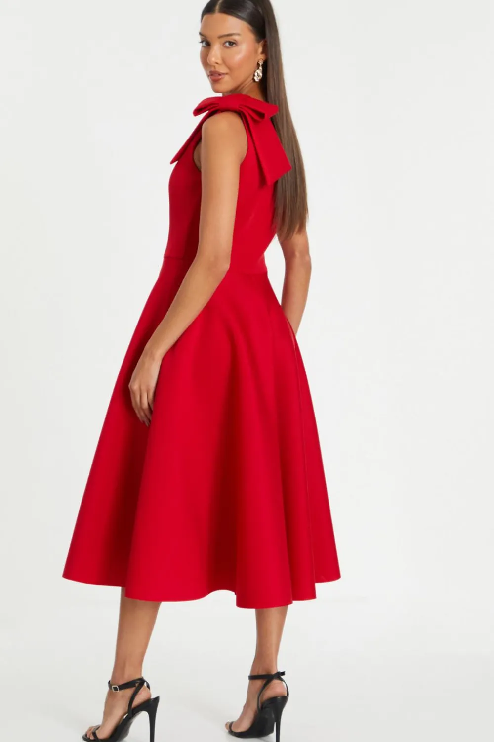 Quiz Prom & Ball|Evening Dresses>Red One Shoulder Bow Skater Midi Dress