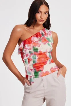 Quiz Summer Tops|Day Tops>Red Printed Mesh Ruffle Top