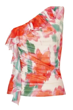 Quiz Summer Tops|Day Tops>Red Printed Mesh Ruffle Top