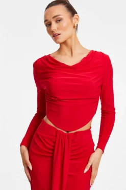 Quiz Going Out Tops|Day Tops>Red Ruched Cowl Neck Top