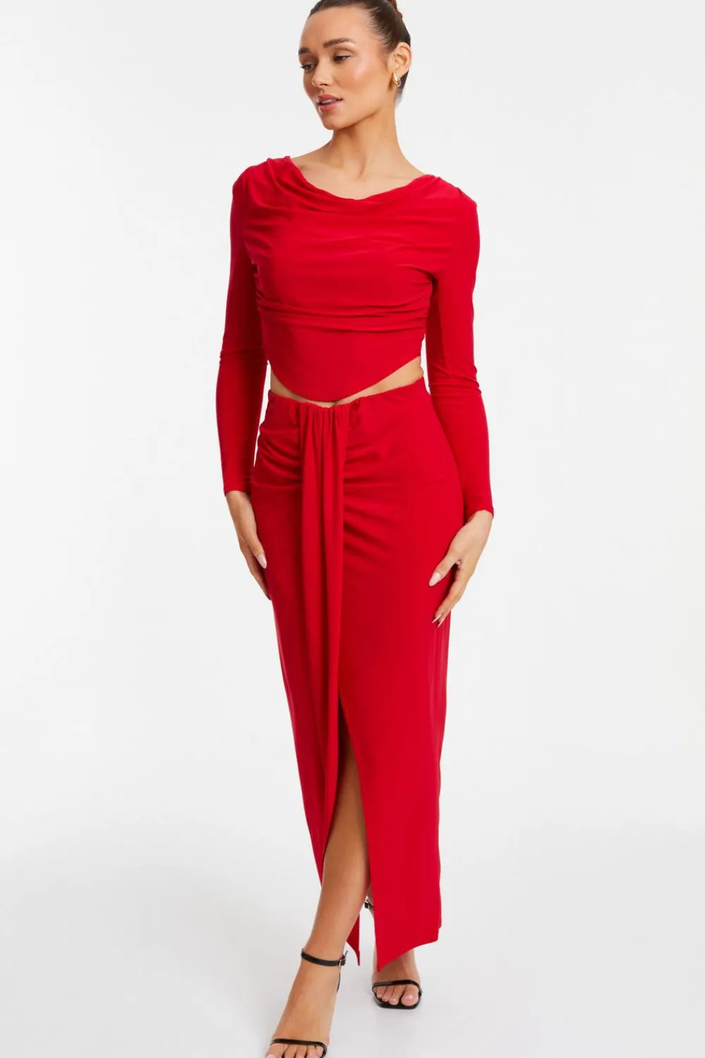 Quiz Trending: Red|Skirts>Ruched Split Maxi Skirt