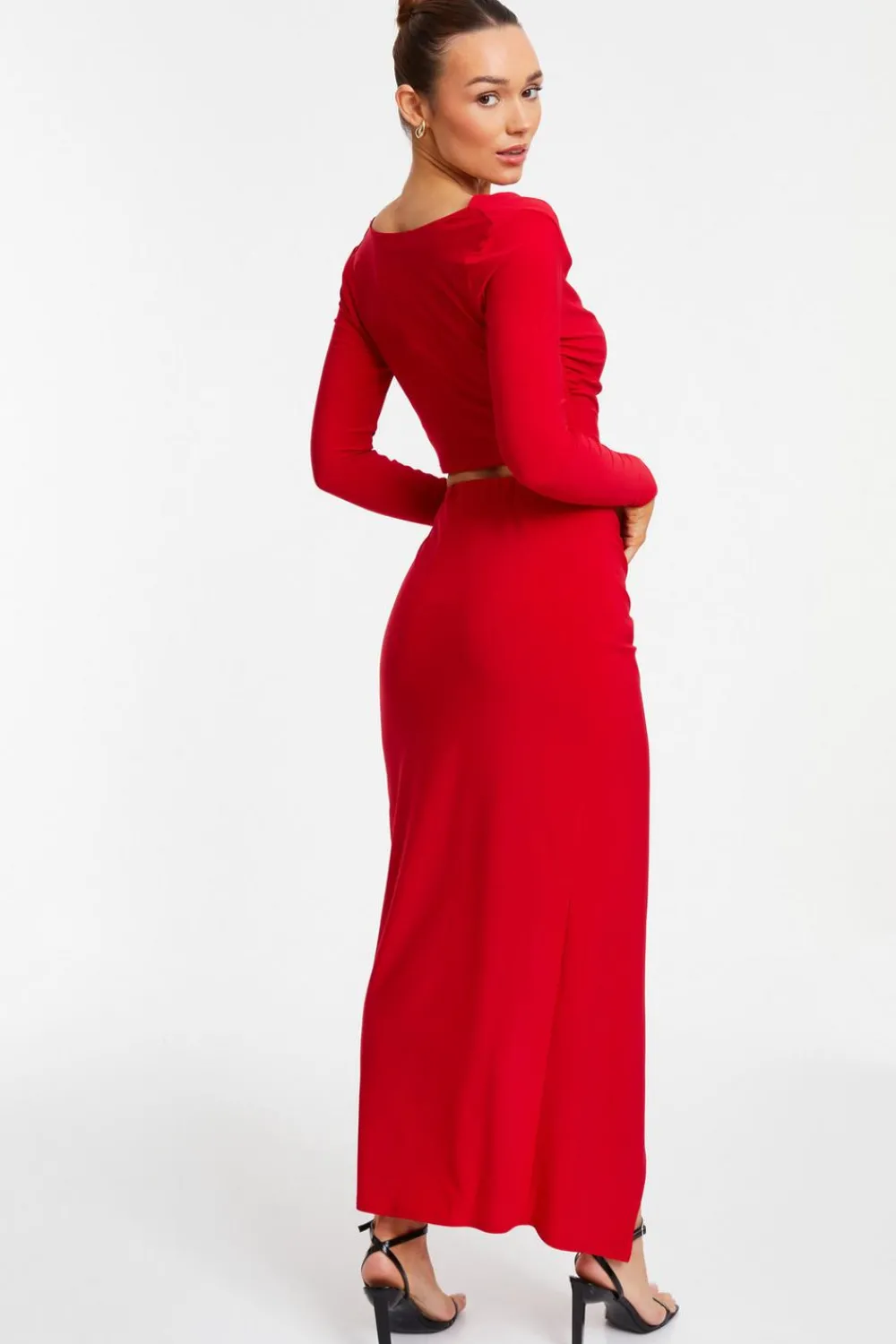 Quiz Trending: Red|Skirts>Ruched Split Maxi Skirt