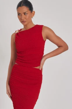 Quiz Going Out Tops|Crop Tops>Red Textured Crop Top