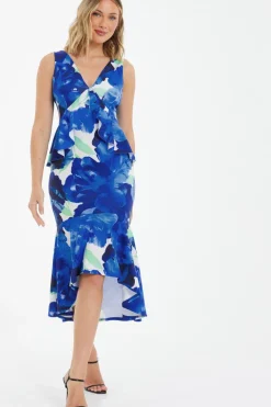 Quiz Florals|Wedding Guest Dresses>Royal Blue Floral Frill Midi Dress