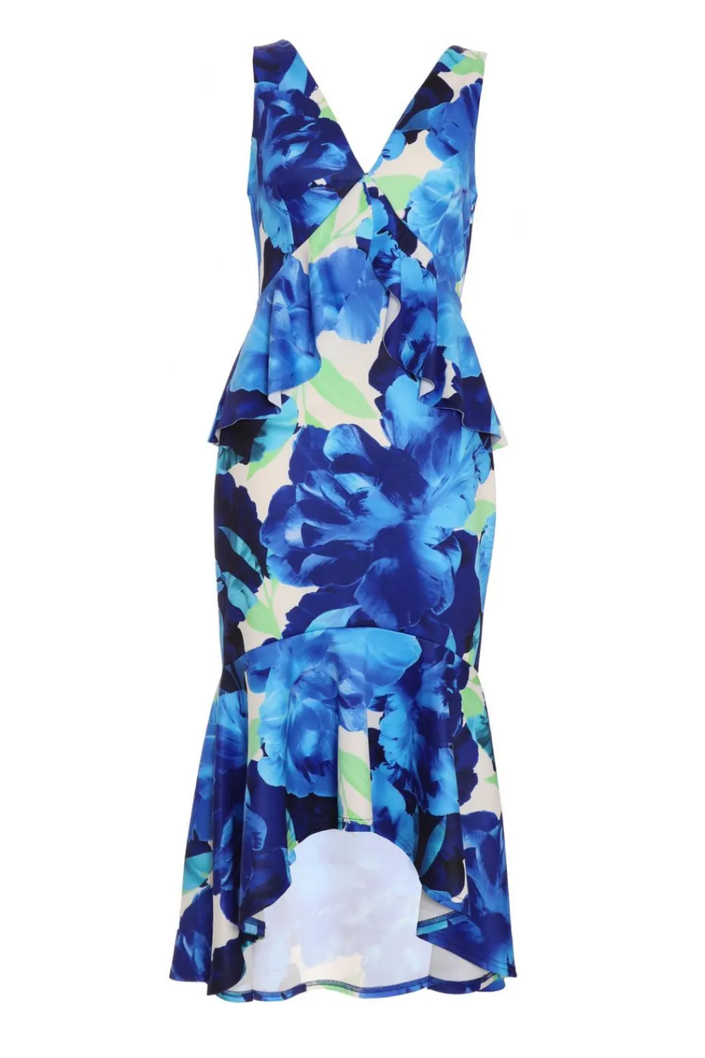 Quiz Florals|Wedding Guest Dresses>Royal Blue Floral Frill Midi Dress