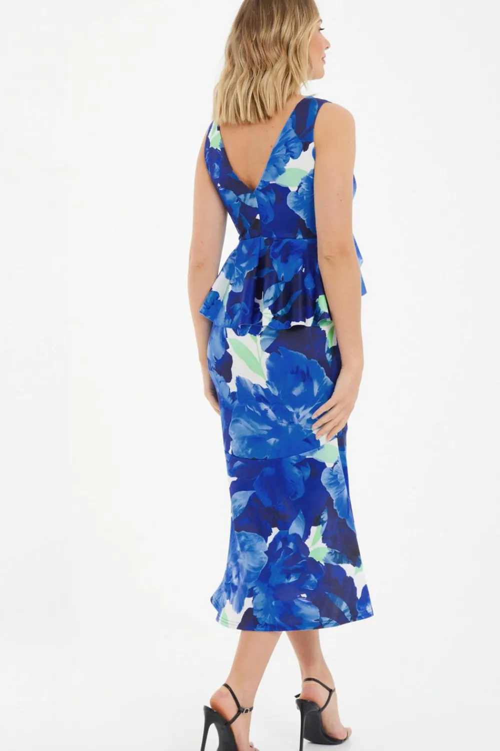 Quiz Florals|Wedding Guest Dresses>Royal Blue Floral Frill Midi Dress