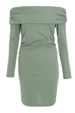 Quiz Mini Dresses|Green Dresses>Sage Ribbed Bardot Mini Ruched Dress