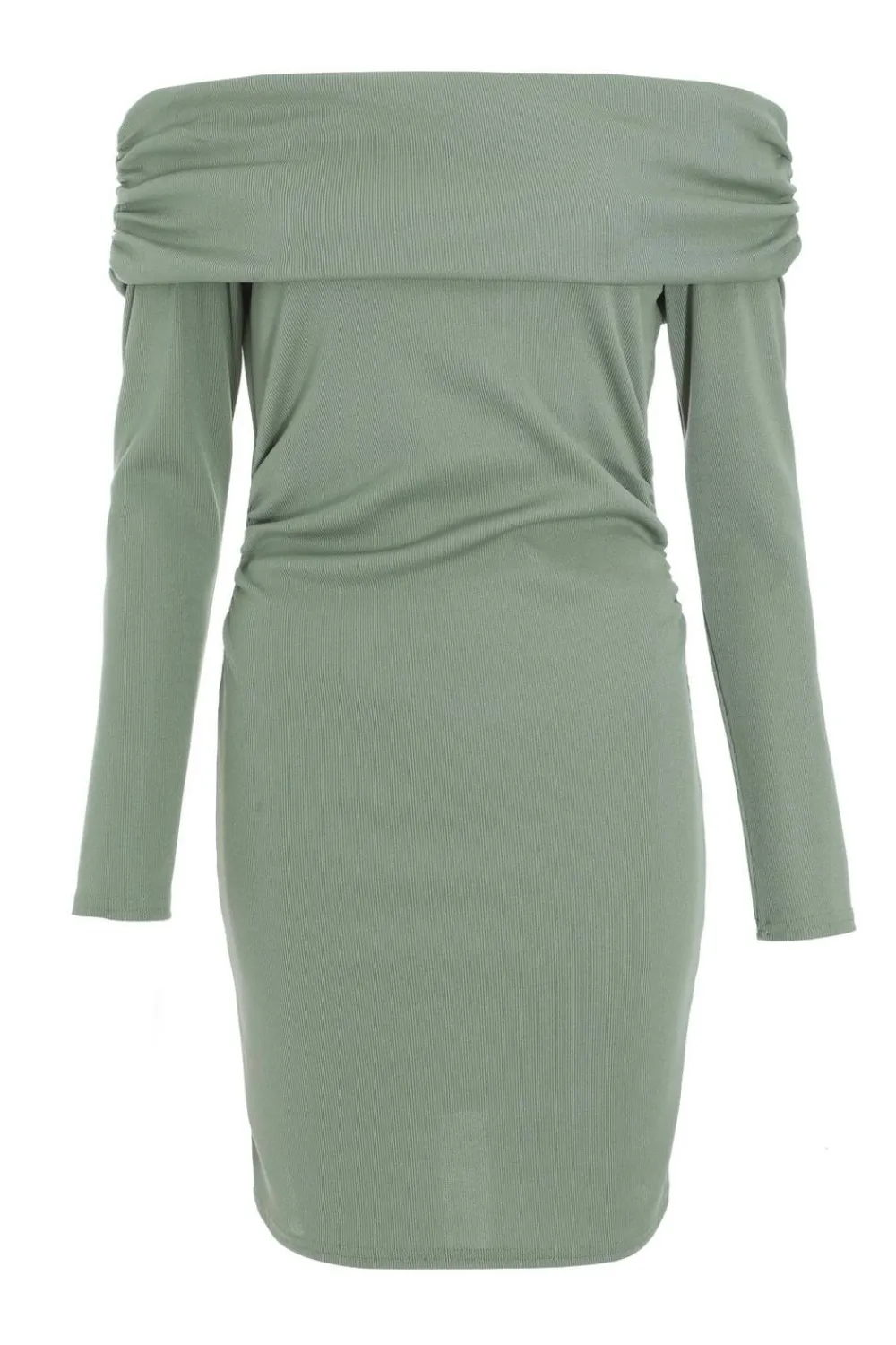 Quiz Mini Dresses|Green Dresses>Sage Ribbed Bardot Mini Ruched Dress