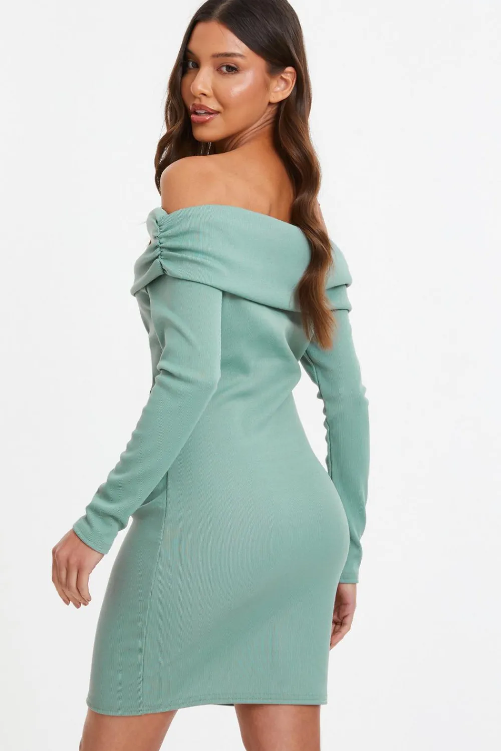 Quiz Mini Dresses|Green Dresses>Sage Ribbed Bardot Mini Ruched Dress