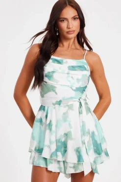 Quiz Playsuits|Summer Clothes>Sage Satin Marble Print Playsuit