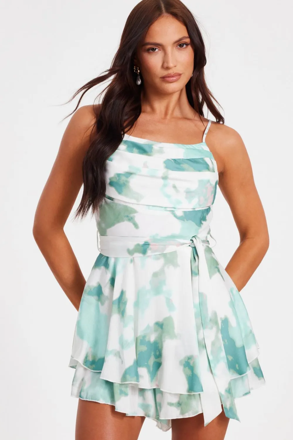 Quiz Playsuits|Summer Clothes>Sage Satin Marble Print Playsuit