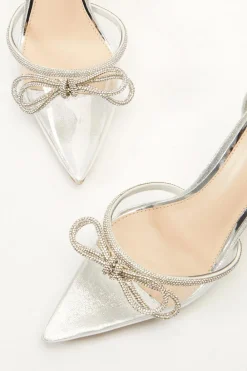 Quiz Occasion Shoes|Heels>Silver Clear Diamante Bow Court Heels