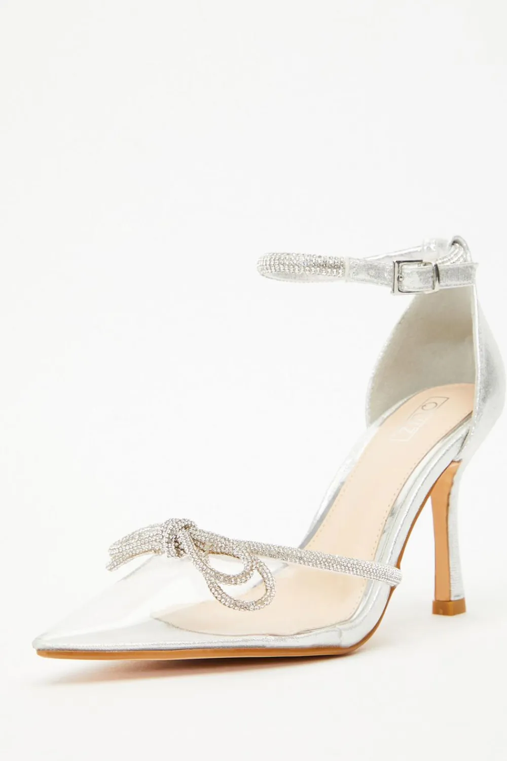 Quiz Occasion Shoes|Heels>Silver Clear Diamante Bow Court Heels