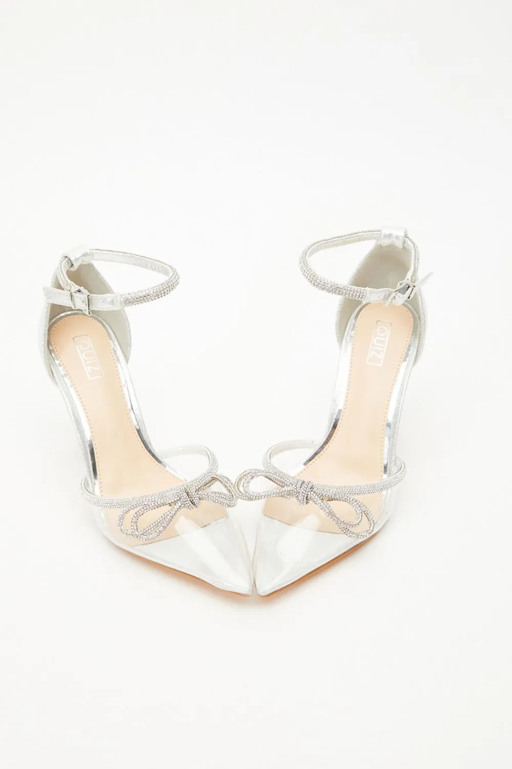 Quiz Occasion Shoes|Heels>Silver Clear Diamante Bow Court Heels