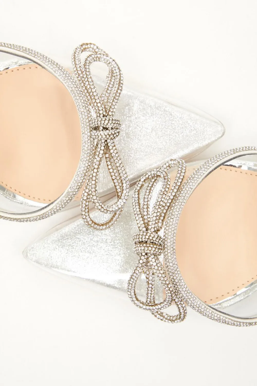 Quiz Occasion Shoes|Heels>Silver Clear Diamante Bow Court Heels