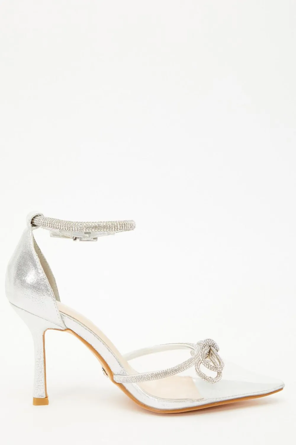 Quiz Occasion Shoes|Heels>Silver Clear Diamante Bow Court Heels
