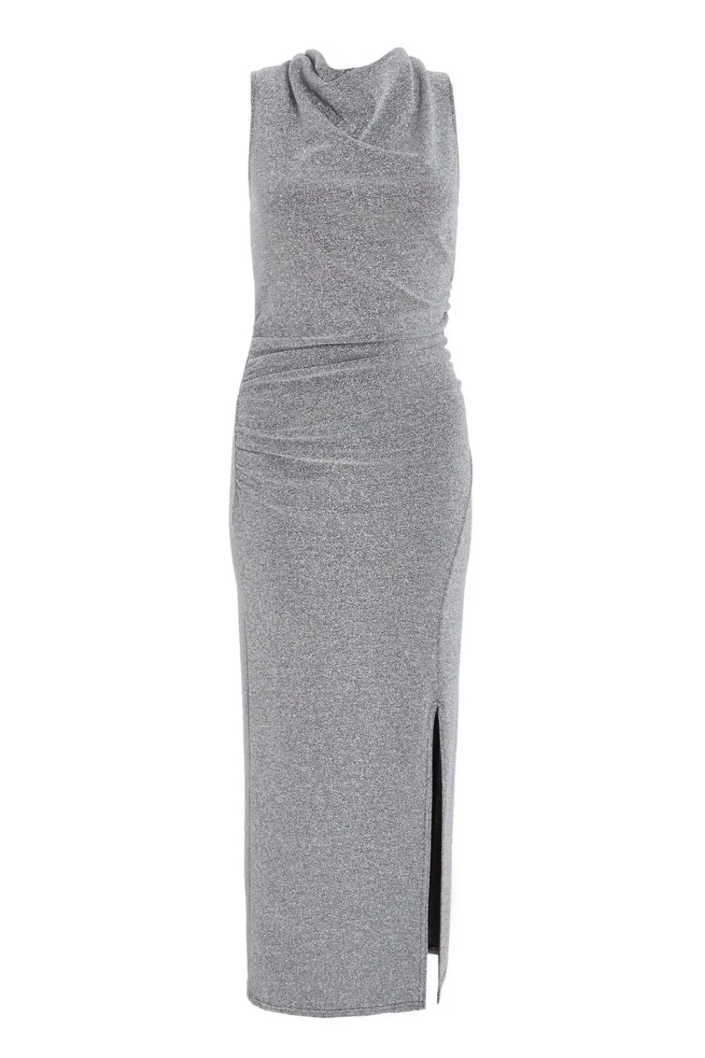 Quiz Evening Dresses|Occasion Dresses>Silver Cowl Neck Ruched Midi Dress