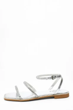 Quiz Sandals|Holiday Shoes>Silver Diamante Double Strap Flat Sandals