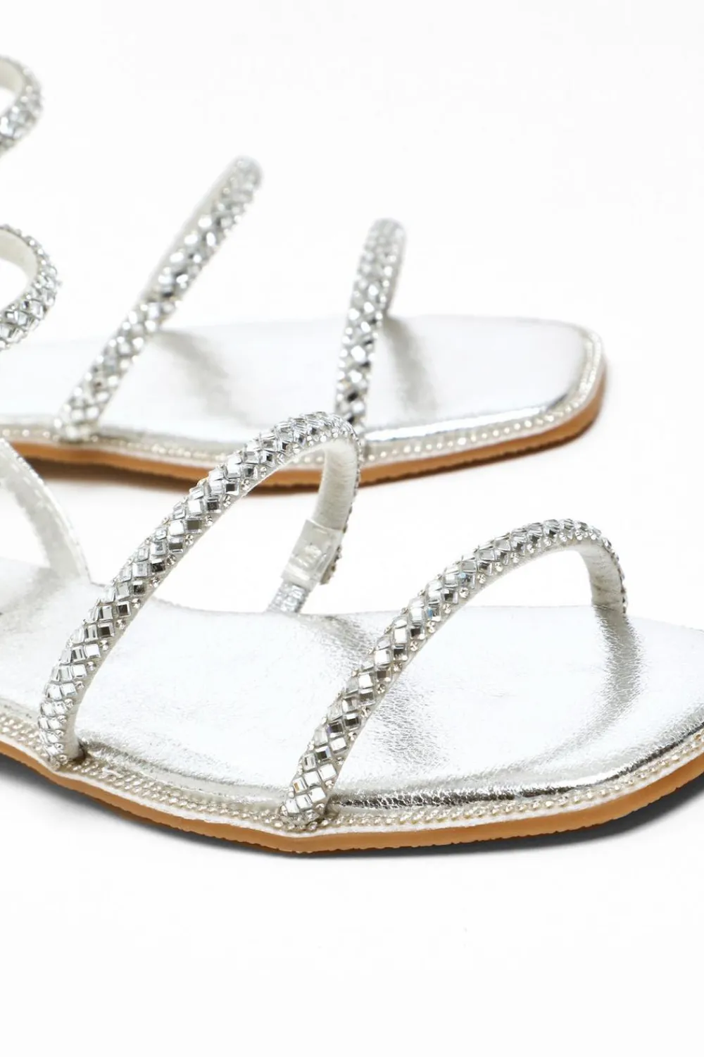 Quiz Sandals|Holiday Shoes>Silver Diamante Double Strap Flat Sandals