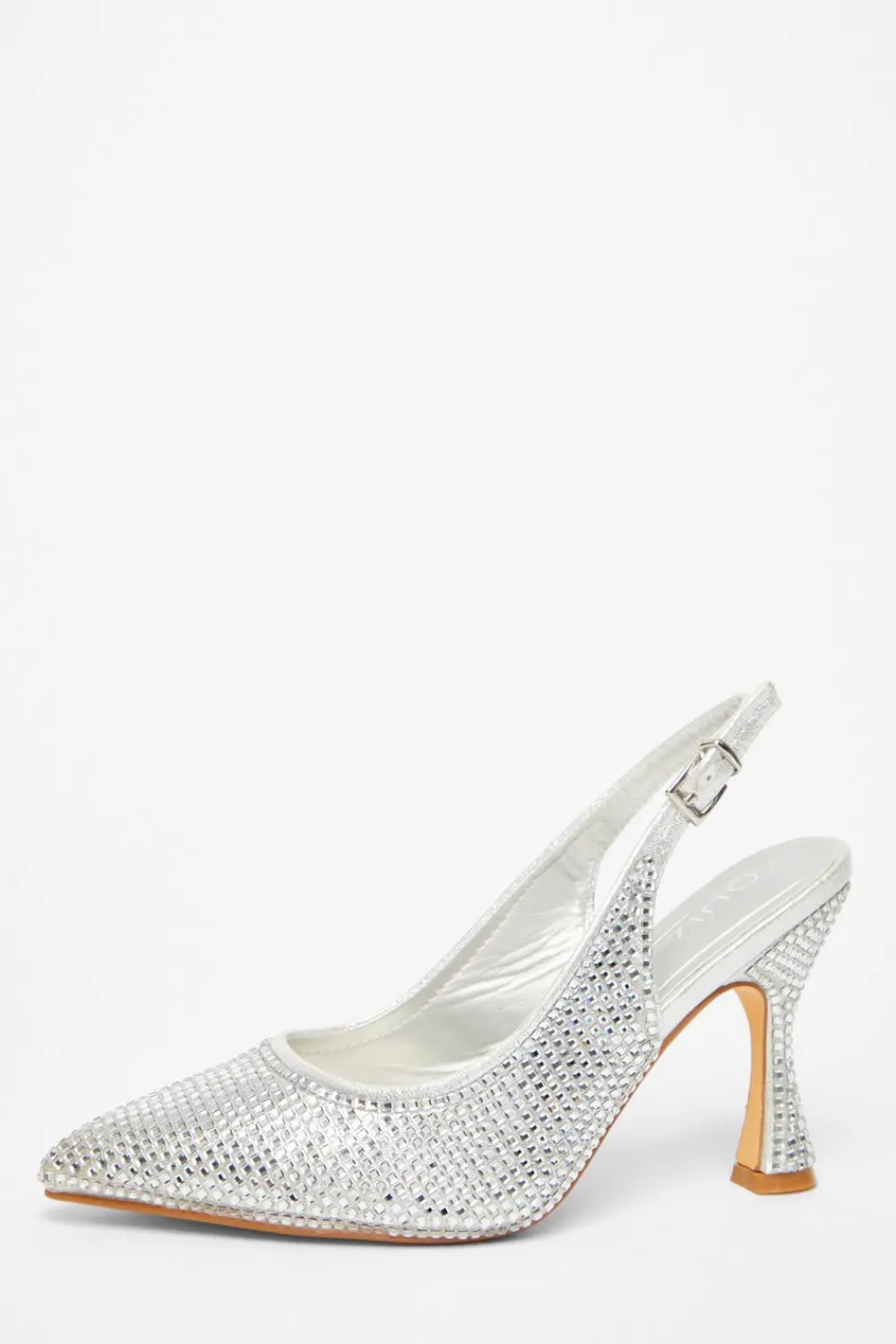 Quiz Shoe & Bag Sets|Occasion Shoes>Silver Diamante Sling Back Court Heels