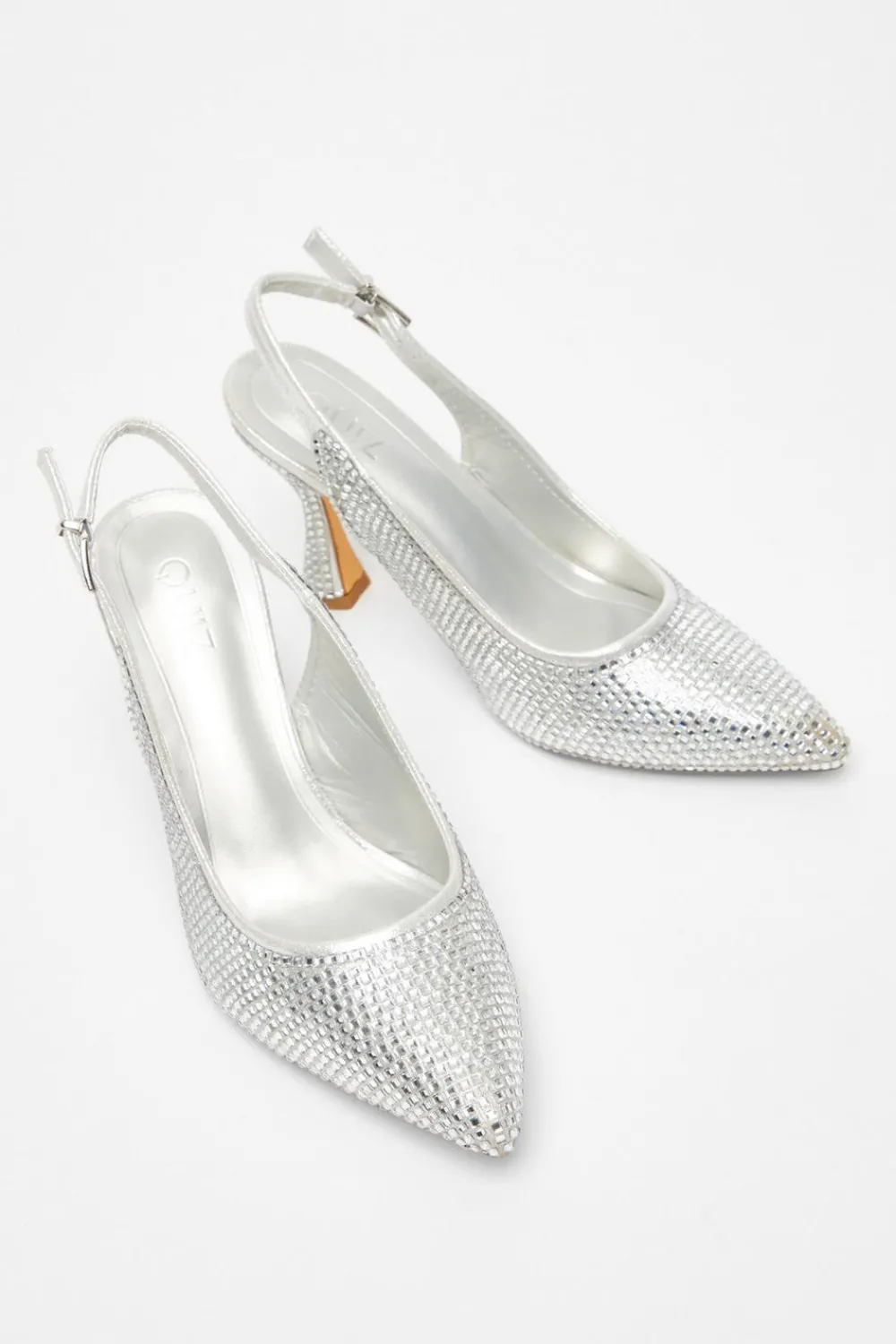 Quiz Shoe & Bag Sets|Occasion Shoes>Silver Diamante Sling Back Court Heels