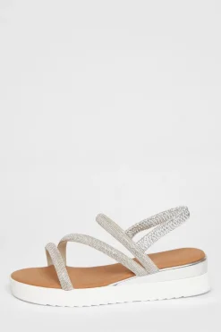 Quiz Sandals|Holiday Shoes>Silver Diamante Strappy Flatform Sandals