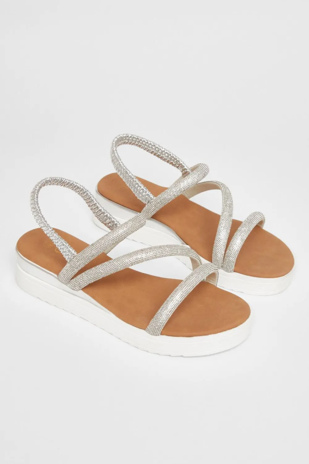 Quiz Sandals|Holiday Shoes>Silver Diamante Strappy Flatform Sandals