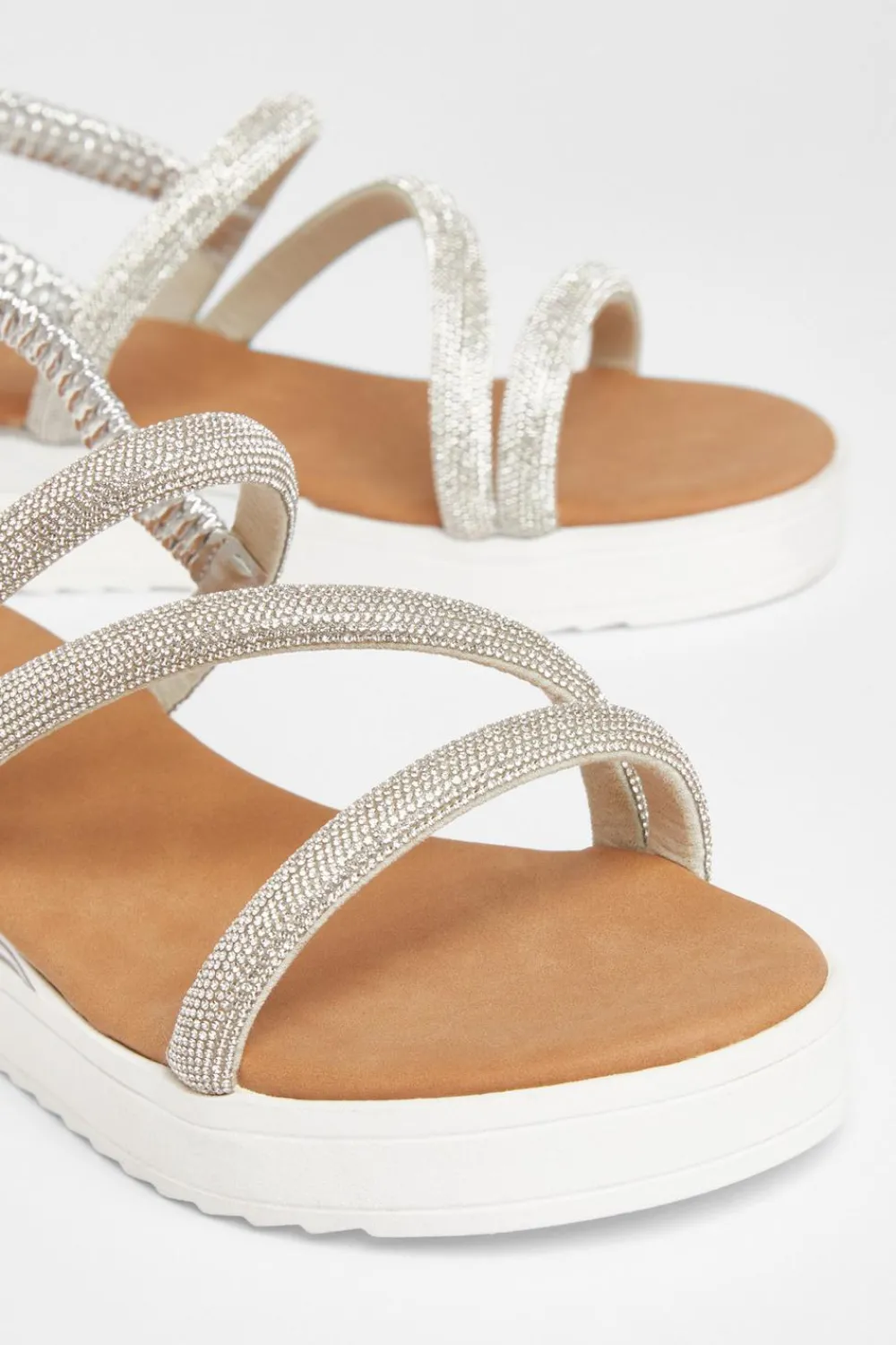 Quiz Sandals|Holiday Shoes>Silver Diamante Strappy Flatform Sandals