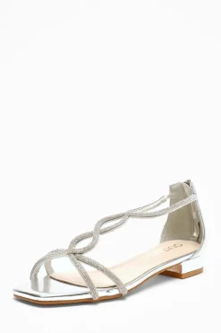 Quiz Wide Fit|Sandals>Silver Foil Diamante T-Strap Flat Sandals
