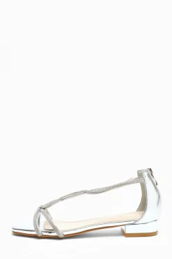 Quiz Wide Fit|Sandals>Silver Foil Diamante T-Strap Flat Sandals